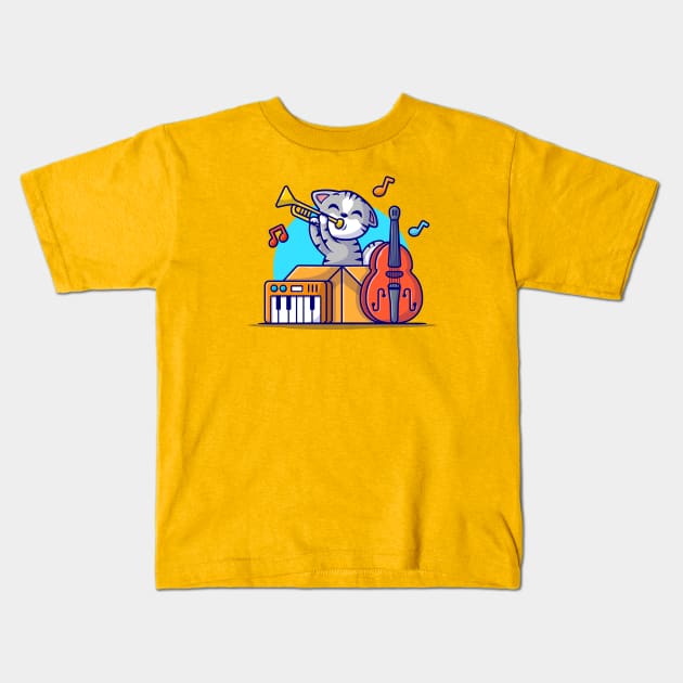 Cute Cat Playing Jazz Music in Box with Saxophone, Piano and Contrabass Cartoon Vector Icon Illustration Kids T-Shirt by Catalyst Labs